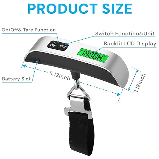 Digital Luggage Scale, 110lb Portable Suitcase Weight Scale for Travel with Backlit LCD, 4-Unit Switching, Non-Slip, Luggage Scale for Luggage, Backpacks, Packages (Battery Included)