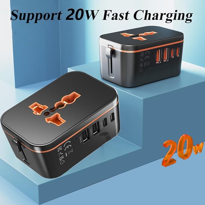 Universal Travel Power Adapter, 20W PD Fast Charging Adapter, International Travel Plug Converter with 2 USB A&C Ports, All-in-One Plug Converter for EU/UK/USA/AU, Ideal for Traveler, Business