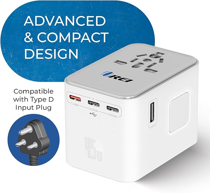 OREI 45Watt Universal Travel Adapter | 3X USBC 2XUSB A - 6-in-1 Universal Power Adapter | Universal Chargers for All Devices Compatible 150+ Countries | Type C, A, G, I Compatible