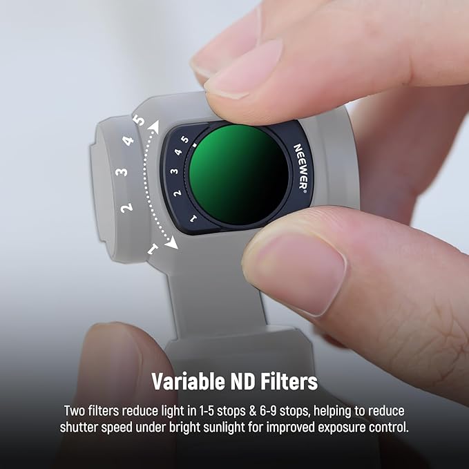 NEEWER Variable ND + CPL + UV Filter Set Compatible with DJI Osmo Pocket 4 & 3 Creator Combo Accessories, 4 Pack HD ND2-32/ND64-512 Neutral Density Action Camera Lens Filters Kit + 2X Cleaning Cloth