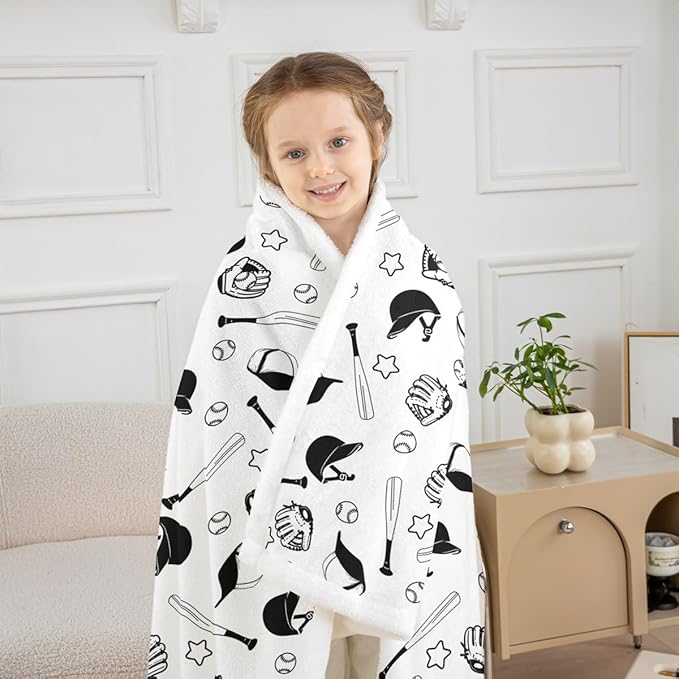 Baseball Kids Throw Blanket,Baseball Bat Glove Cartoon Bed Blanket for Girls Boys Adults,Stars Ball Sports Games Fleece Blanket,Black White Fashion Fuzzy Blanket,Baby Size (30 x 39 Inches)