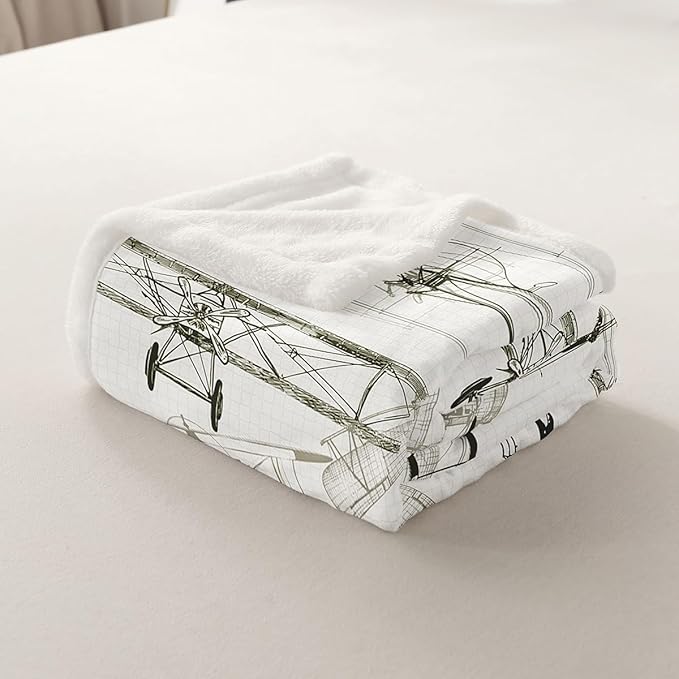Aircraft Kids Throw Blanket, American Airplane Retro Bed Cover for Girls Boys Adults, Air Vehicles Fleece, Beige Black Vintage Fuzzy, 40 x 50 Inches
