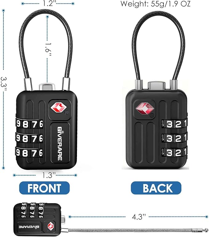 2 Pack TSA Approved Travel Luggage Locks, Metal Cable Combination Lock Alloy, Keyless 3-Digit Padlocks, Weatherproof TSA Accepted Padlock Toolbox Lock for Gym Locker, Golf Bag Case, Backpack, Black