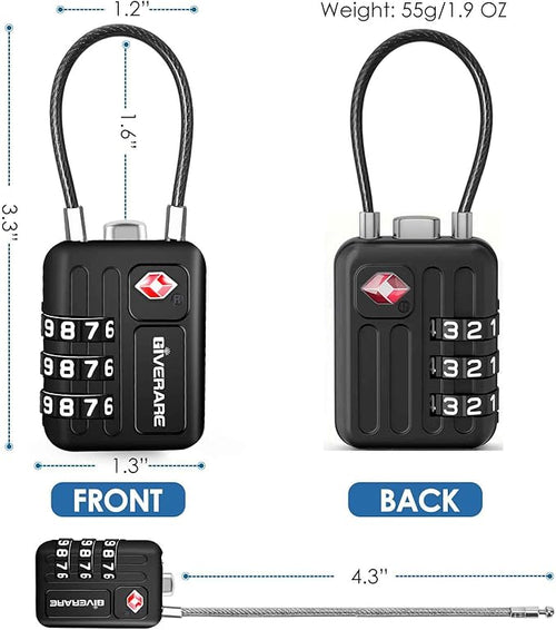 2 Pack TSA Approved Travel Luggage Locks, Metal Cable Combination Lock Alloy, Keyless 3-Digit Padlocks, Weatherproof TSA Accepted Padlock Toolbox Lock for Gym Locker, Golf Bag Case, Backpack, Black