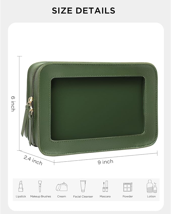 LETGO Clear Makeup Bags, TSA Approved Toiletry Bag, Small Makeup Organizer Fit Carry-on Travel Essentials,Clear Cosmetic Bags Car Organization and Storage for Women Men (Vintage Green)