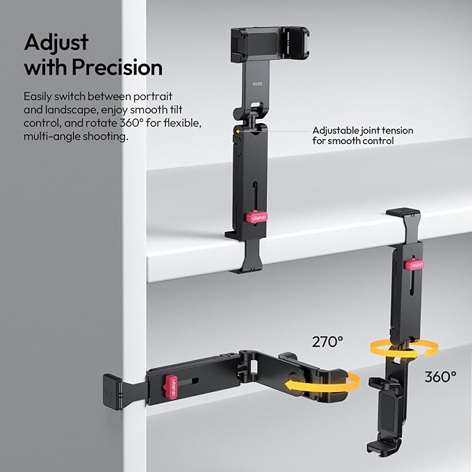 ULANZI MA89 2025 Foldable Airplane Phone Holder Mount, 360° Rotation Airplane Travel Essentials, Long Flight Must Haves Phone Tripod Stand for Flying, Home, Office Travel Gift for Content Creator