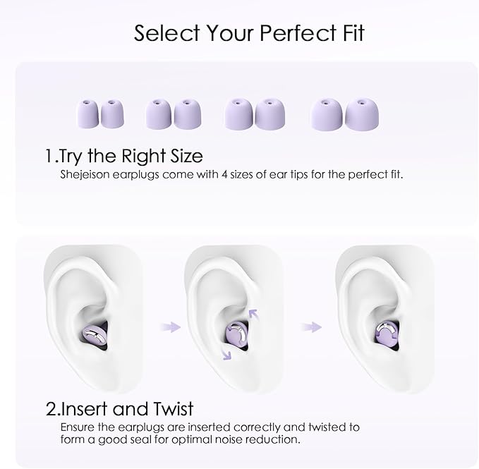 Adjustable Ear Plugs - 3 Noise Cancelling Modes for Concerts, Work, Travel & More, Reusable Hearing Protection with 4 Sizes (XS/S/M/L), Comfortable Ear Plugs for Noise Reduction, Purple Silver