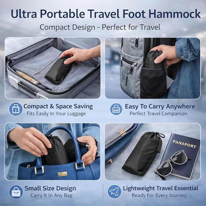 Airplane Foot Rest Hammock – Travel Footrest for Airplane with Memory Foam, Adjustable Foot Sling for Long Flights, Portable Carry Bag, Eye Mask & Earplugs – Flight Accessories Must Have