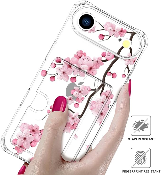 Compatible with iPhone 17 Air Case Card Holder for Women Cute Design,Wallet Phone Cases Transparent Cool Kawaii Protective (Clear Sakura Peach Cherry)