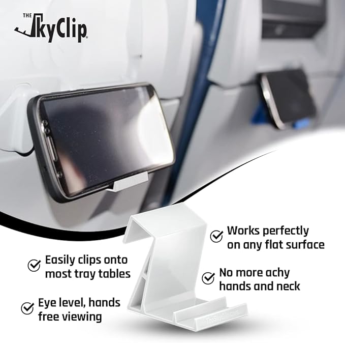 SkyClip Airplane Cell Phone Back of Seat Inflight Tray Table Clip and Sturdy Phone Stand, Compatible with iPhone, Android, Tablets, and Readers, Travel Must Have, White 2 Pack
