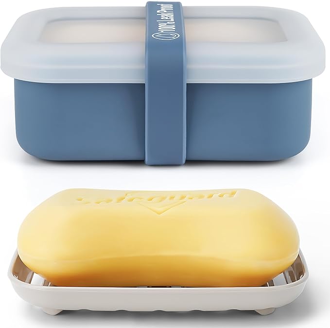 Compact Leakproof Travel Soap Case with Lid & Silicone Strap - Portable Draining Soap Bar Holder for Gym, Bathroom, Camping - Lightweight Silicone Soap Dish Container (Blue)