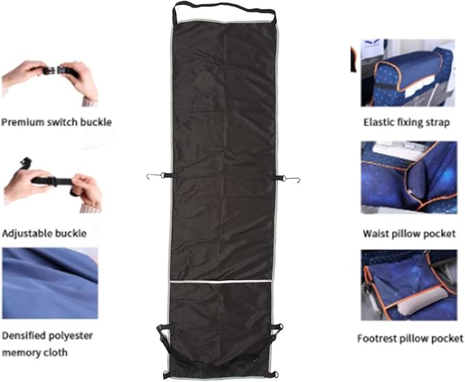 Ergonomic Airplane Footrest Hammock Cover Adjustable Travel Footrest for Improved Sitting Position on Planes Buses and Outdoor Seating (Black)