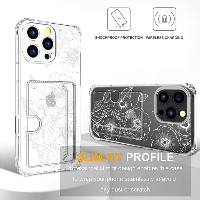 Compatible with iPhone 16 Pro Max Case Card Holder for Women Cute Design,Wallet Phone Cases Transparent Cool Kawaii Protective (Clear Seamless Abstract Flower)