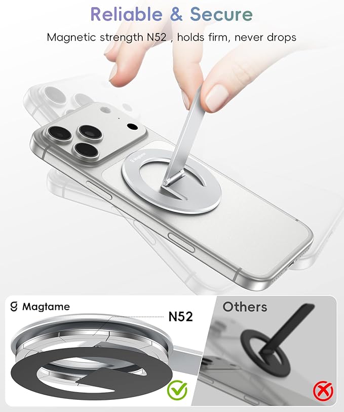 Magtame Magnetic Phone Stand Grip, 3-in-1 for MagSafe Phone Holder & Kickstand, Durable Silver Aluminum Grip, Ultra-Slim 2mm, 360° Rotation, Detachable for MagSafe Charging, Works with iPhone 17–12