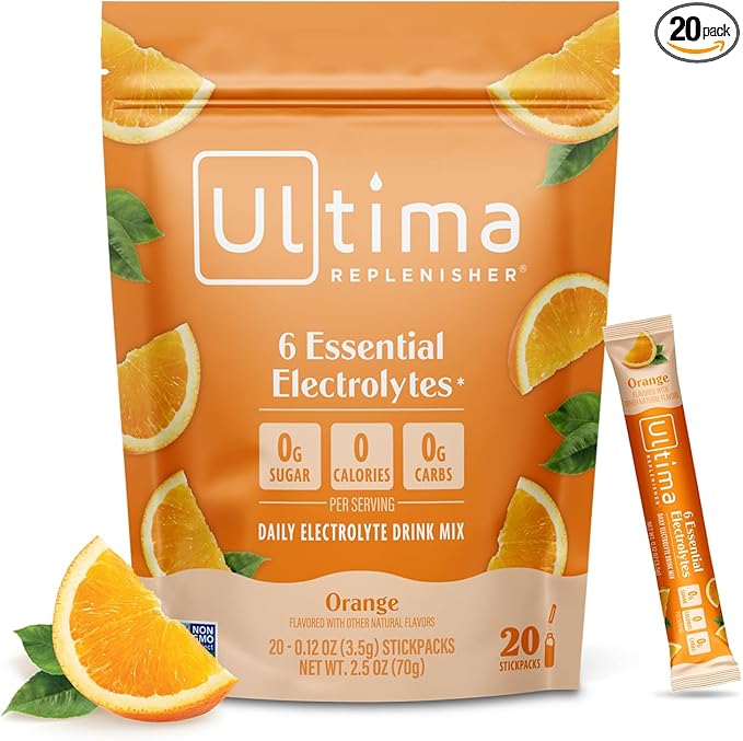 Ultima Replenisher Daily Electrolyte Powder – Orange, 20 Stickpacks – Zero Sugar Hydration Packets with 6 Electrolytes and Minerals – Sugar Free, Plant Based & Keto Friendly Drink Mix