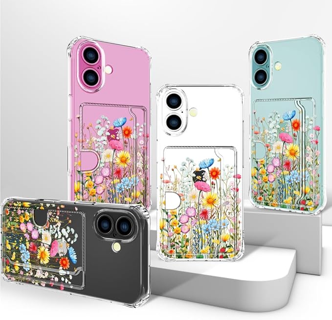 Compatible with iPhone 16 Plus Case Card Holder for Women Cute Design,Wallet Phone Cases Transparent Cool Kawaii Protective (Clear Flowers Herbs Wild Plants)
