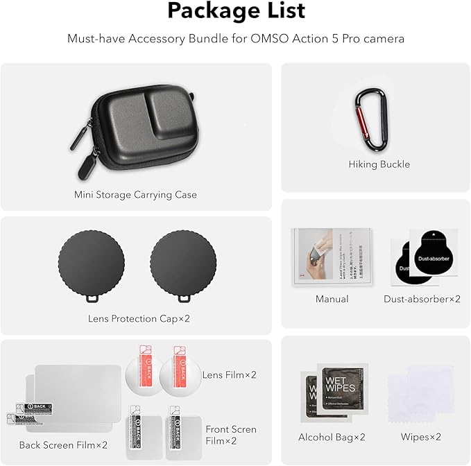 OSMO Action 5 Pro Accessories, PU Portable Mini Carrying Bag Case, Lens Screen Protectors (6 Pack) Comatible with DJI Osmo Action 5 Pro, Rubber Lens Cap Cover for DJI Action Camera