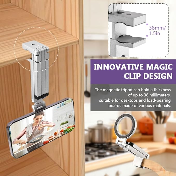 Magnetic Tripod for Phone,360° Rotating Phone Tripod Stand,Adjustable,Clipable,Foldable and Triangular Fixing Airplane Travel Essentials Phones Holder for Phones(Silver,Size:19 * 16cm)