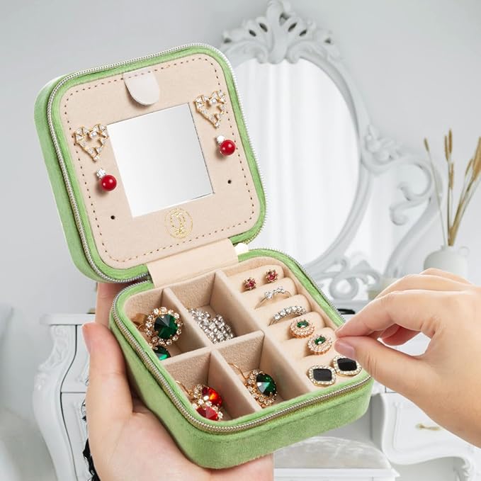 ZPROW Plush Velvet Travel Jewelry Case, Travel Jewelry Organizer, Jewelry Travel Case, Travel Jewelry Box, Small Jewelry Case, Jewelry Travel Box, Earring Organizer with Mirror - LightGreen