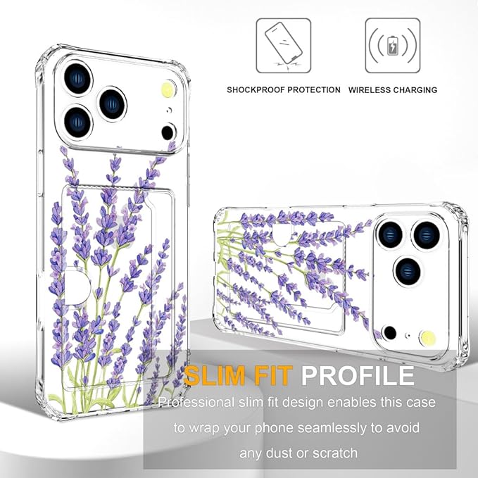 Compatible with iPhone 17 Pro Case Card Holder for Women Cute Design,Wallet Phone Cases Transparent Cool Kawaii Protective (Clear Purple Lavender)