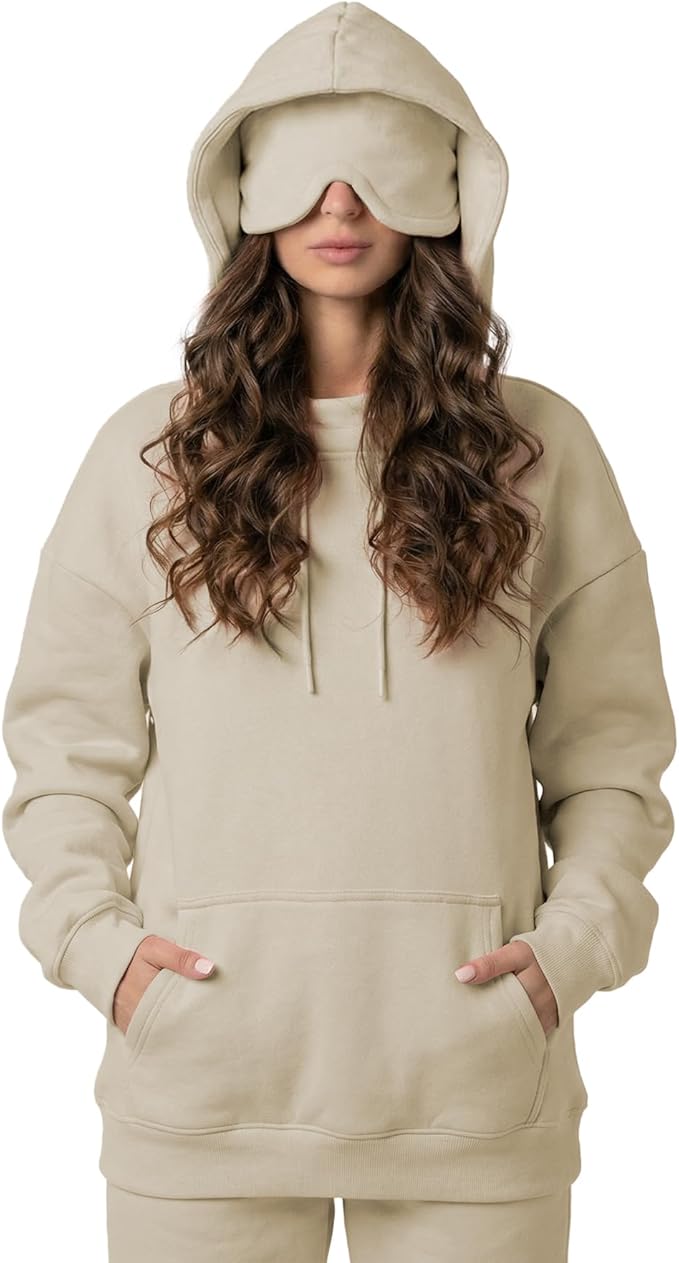 Ainangua Womens Oversized Pullover Essentials Hoodie with Eye Mask Comfor Airplane Mode Travel Office Vacation Sweatshirt