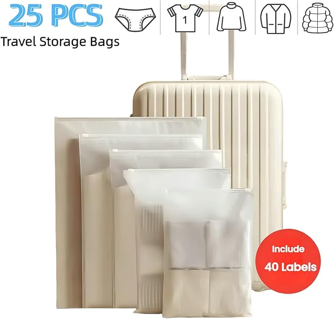 Travel Storage Bags - 25 Pcs Waterproof Clothing Packing Bags with Zipper, Frosted Plastic Bags for Clothes, Shoes, Toiletries & Cosmetics Organizers, 5-Size