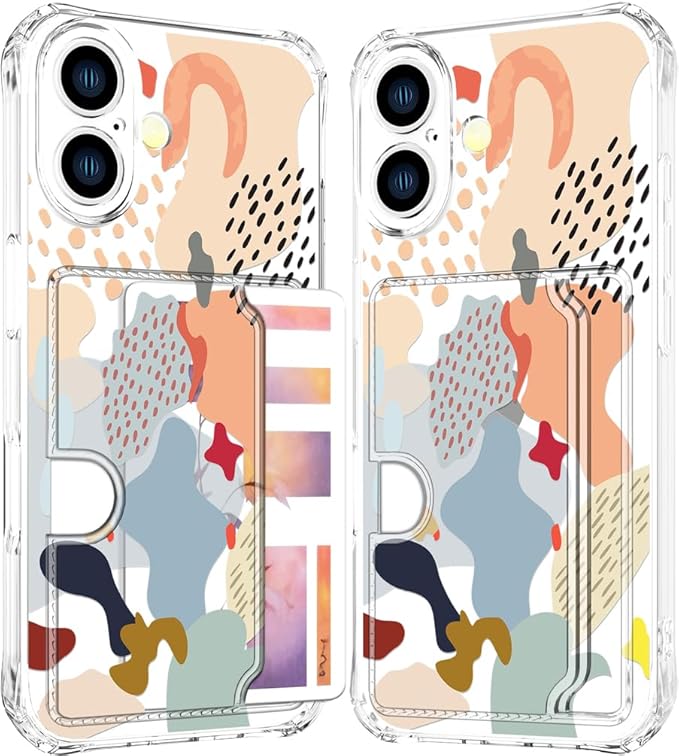 Compatible with iPhone 16 Case Card Holder for Women Cute Design,Wallet Phone Cases Transparent Cool Kawaii Protective (Clear Abstract Art)