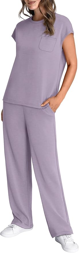 WIHOLL 2 Piece Sets for Women Casual Summer Travel Vacation Outfits Cap Sleeve Lounge Set