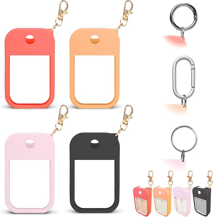 4 PCS Soft Silicone Case for Touchland Power Mist (1FL. OZ./30 mL), Protective and Stylish Case with Keychain Compatible with Touchland Hand Sanitizer Spray (Red/Orange/Pink/Black)