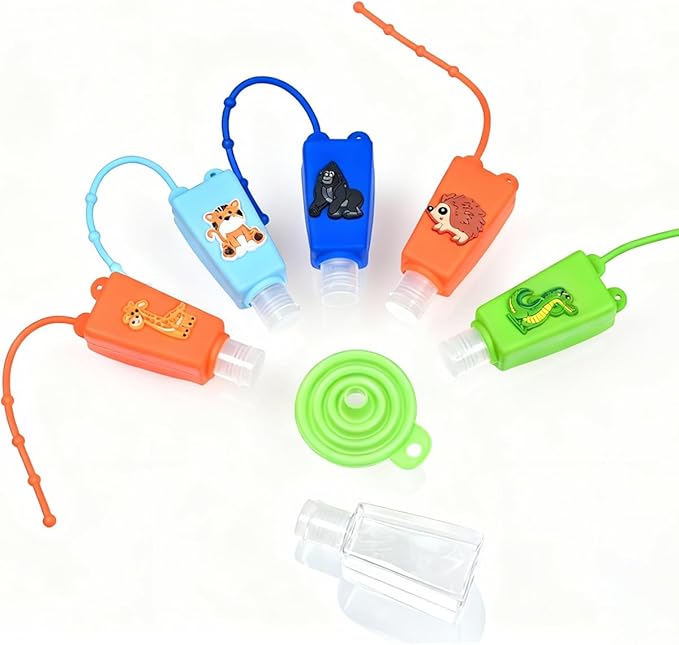 5-Pack Cartoon Kids Hand Sanitizer Holder, 30ml Travel Size Refillable Bottles with Silicone Case, Leak-Proof Portable Containers for Lotion & Liquid Soap (Animal Friends)
