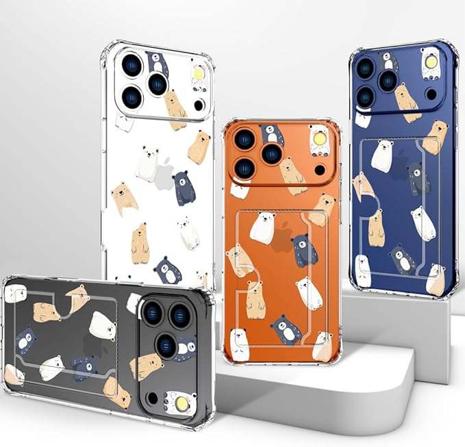 Compatible with iPhone 17 Pro Max Case Card Holder for Women Cute Design,Wallet Phone Cases Transparent Cool Kawaii Protective (Clear Lovely Bears Funny)