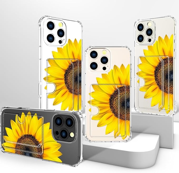Compatible with iPhone 16 Pro Case Card Holder for Women Cute Design,Wallet Phone Cases Transparent Cool Kawaii Protective (Clear Sunflower Sun Flower)