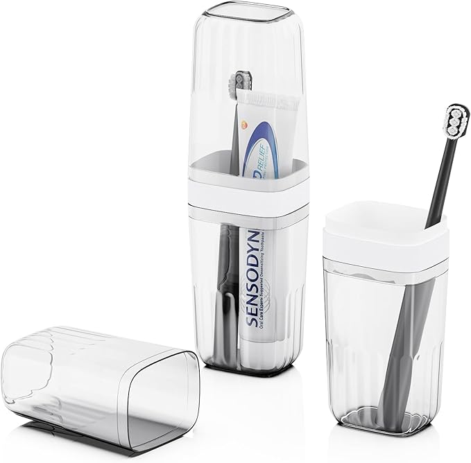 Toothbrush Travel Case, Large Enclosed Toothbrush and Toothpaste Holder Travel Container with Rinse Cup, Portable Bathroom Tooth Brush Storage Case Cover Protector for Traveling, Clear