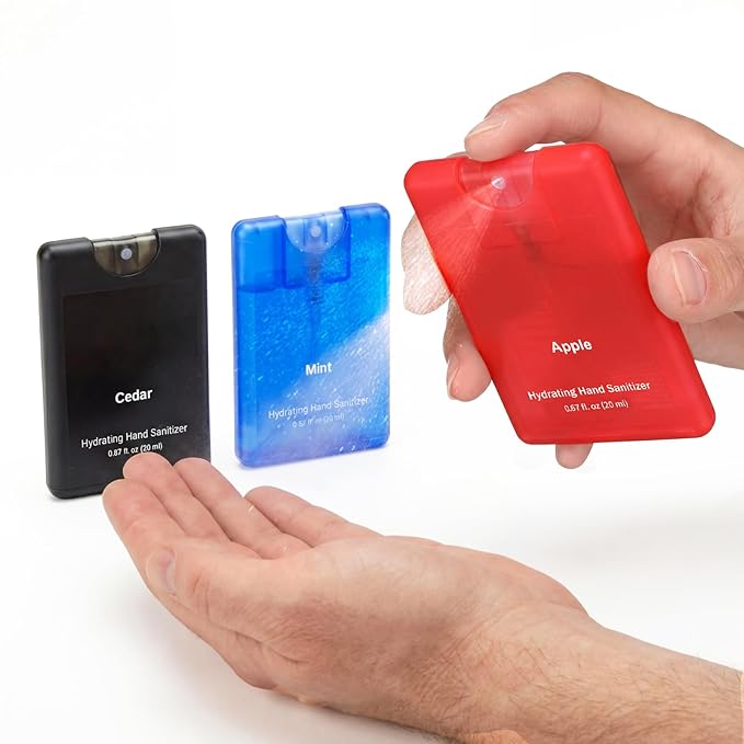 Set of 3 Powerful Mist Hydrating Hand Sanitizer Spray Bulk Travel Size Refreshing Hand Sanitizer 0.67 Fl. oz Compact Card Spray Bottle Mint Apple Cedar Scent for Daily Personal Use Gift