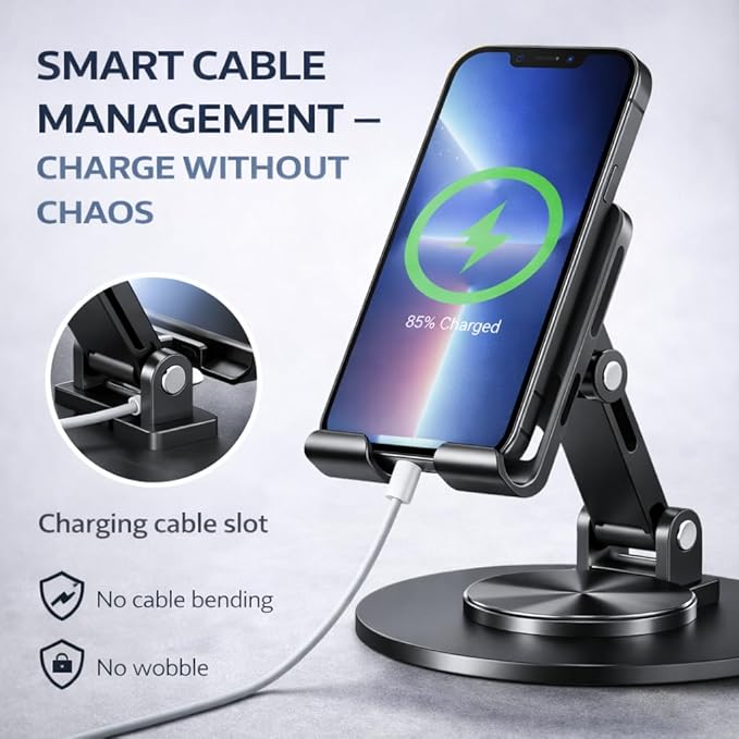 Mizi Universal Metal Phone Stand - 360°/720° Adjustable Rotation Desk Holder, Foldable & Stable with Non-Slip Weighted Base, Compatible with iPhone 17/16/15/14/13/12 Pro Max & All Smartphones - Grey