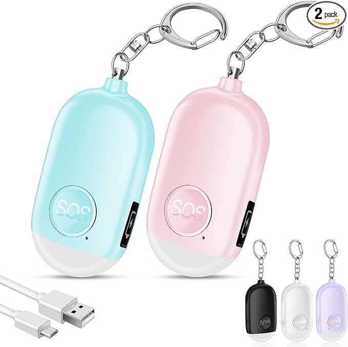 Hion Personal Safety Alarm for Women, 2 Pack Rechargeable 130dB Self Defense Alarm Keychain with LED Flashlight, Emergency Safe Sound Security for Children Elderly College Girls Men, Pink+Blue