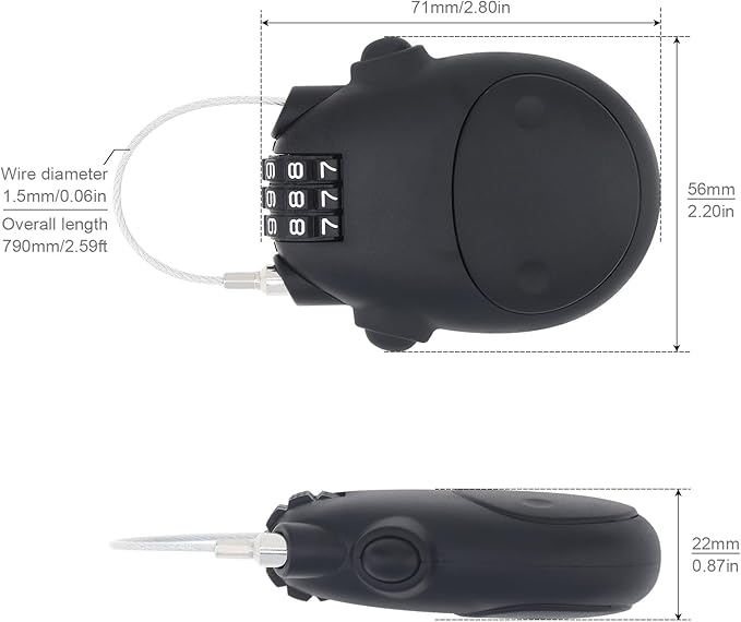 Combination Cable Lock, Cable Luggage Locks with 30 inch Retractable Steel Cable, Travel Lock Combo Mini Lock for Suitcase Stroller Bike (1, Black)
