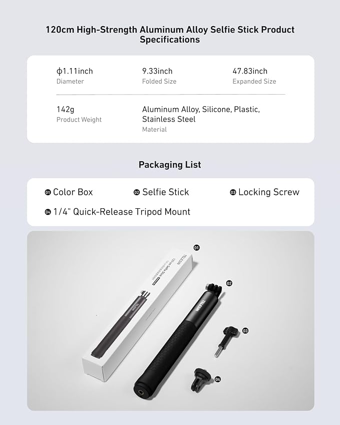 TELESIN 47" Extension Selfie Stick, Portable Handheld Invisible Monopod Pole for GoPro Hero 13 12 Insta360 X5/DJI Osmo Nano/Action 6 5 4 Pocket/Xtra Muse Vlog Selfie Stick, Action Camera Accessories