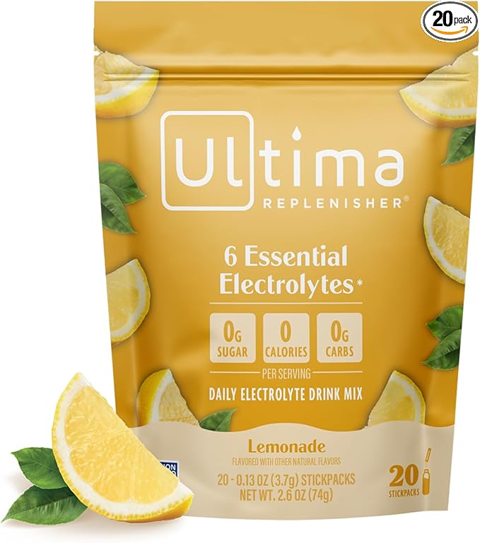 Ultima Replenisher Daily Electrolyte Powder – Lemonade, 20 Stickpacks – Zero Sugar Hydration Packets with 6 Electrolytes and Minerals – Sugar Free, Plant Based & Keto Friendly Drink Mix