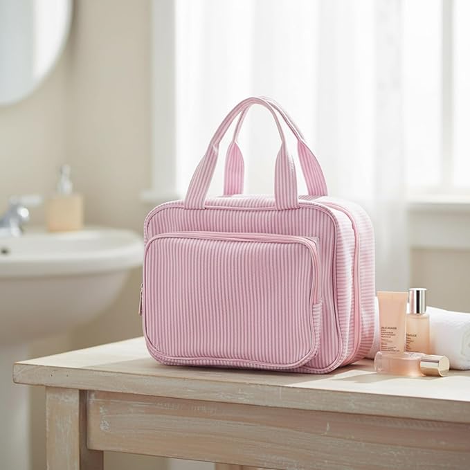 Huhumy Hanging Toiletry Bag for Women with Detachable Pouch, Travel Toiletry Bag, Travel Size Toiletries, Cosmetic Bags, Seersucker Makeup Bags Gifts for Her Mom Girlfriend Wife Teacher(Pink)