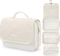 PACKISM Hanging Travel Toiletry Bag for Women - Quilted Plaid PU Leather Travel Makeup Bag with Detachable Bag, Waterproof Cosmetic Bag for Full-Sized Toiletries Fit Bathroom Cruise, Off-white (M)