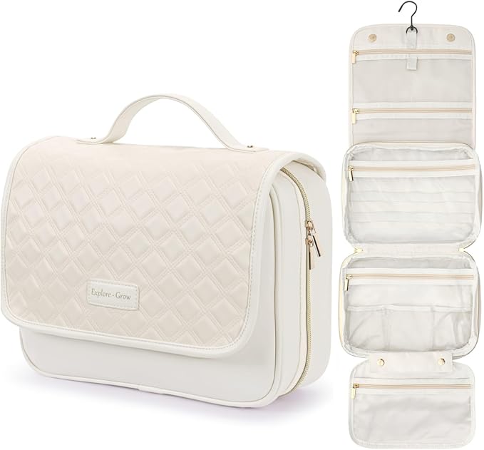 PACKISM Hanging Travel Toiletry Bag for Women - Quilted Plaid PU Leather Travel Makeup Bag with Detachable Bag, Waterproof Cosmetic Bag for Full-Sized Toiletries Fit Bathroom Cruise, Off-white (M)