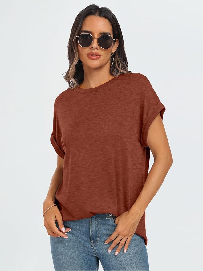 AUTOMET Women's Oversized Short Sleeve T Shirts Casual Drop Shoulder Rolled Cuff Summer Tops for Work, Travel and Lounge