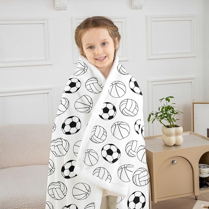 Cartoon Ball Kids Throw Blanket - Basketball, Football, Volleyball Fleece Bed Blanket for Girls, Boys, Adults - Black White Fashion Fuzzy Sports Games Blanket, Twin Size (60 x 80 Inches)