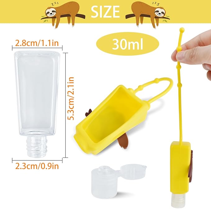 Refillable Travel Bottles Containers, 4 Pack Hand Sanitizer Travel Size Holder with Empty Silicone Bottles Case Keychain Carrier, Leak Proof Portable Bottle for Liquid Soap, Lotion (Sloth)