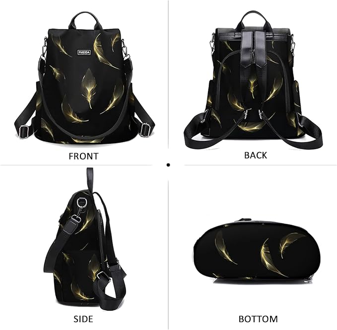 Fmeida Travel Backpack Purse for Women Anti Theft Convertible Backpacks Fashion Waterptoof Nylon Daypack Black Feather