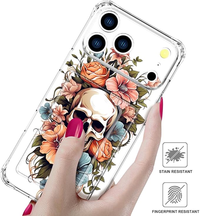 Compatible with iPhone 17 Pro Case Card Holder for Women Cute Design,Wallet Phone Cases Transparent Cool Kawaii Protective (Clear Skull & Flowers)