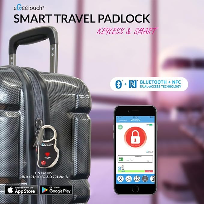 eGeeTouch Smart Travel Padlock with Patented Dual Access Technologies (NFC + BT), Vicinity Tracking, etc. (BLACK)