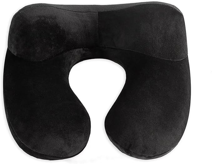 Inflatable Travel Pillow, Neck Pillow Support for Traveling, Airplanes, Cars, and Offices with Compact Carrying Bag, Soft Velvet Washable Cover, Ideal for Adult Sleepers (Black)
