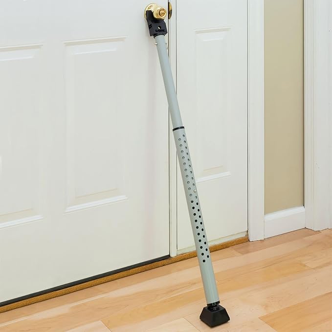 SABRE Adjustable Door Security Bar with Vibration Detecting Alarm, 115dB Alarm Audible Up To 1,100 Ft (335 m), Adjusts To Fit Most Hinged & Sliding Doors, Rubberized Foot for Strong Grip, Collapsible